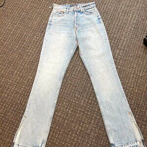 EB DENIM High Rise Straight Leg Jeans – Light Wash with Raw Hem & Slits